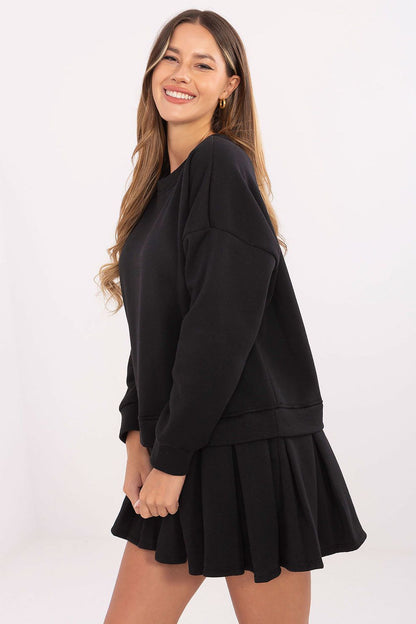 Luxury Cotton Spandex Mini Dress by Rue Paris featuring a flared cut, pleated bottom, and elegant round neckline, perfect for sophisticated everyday style.