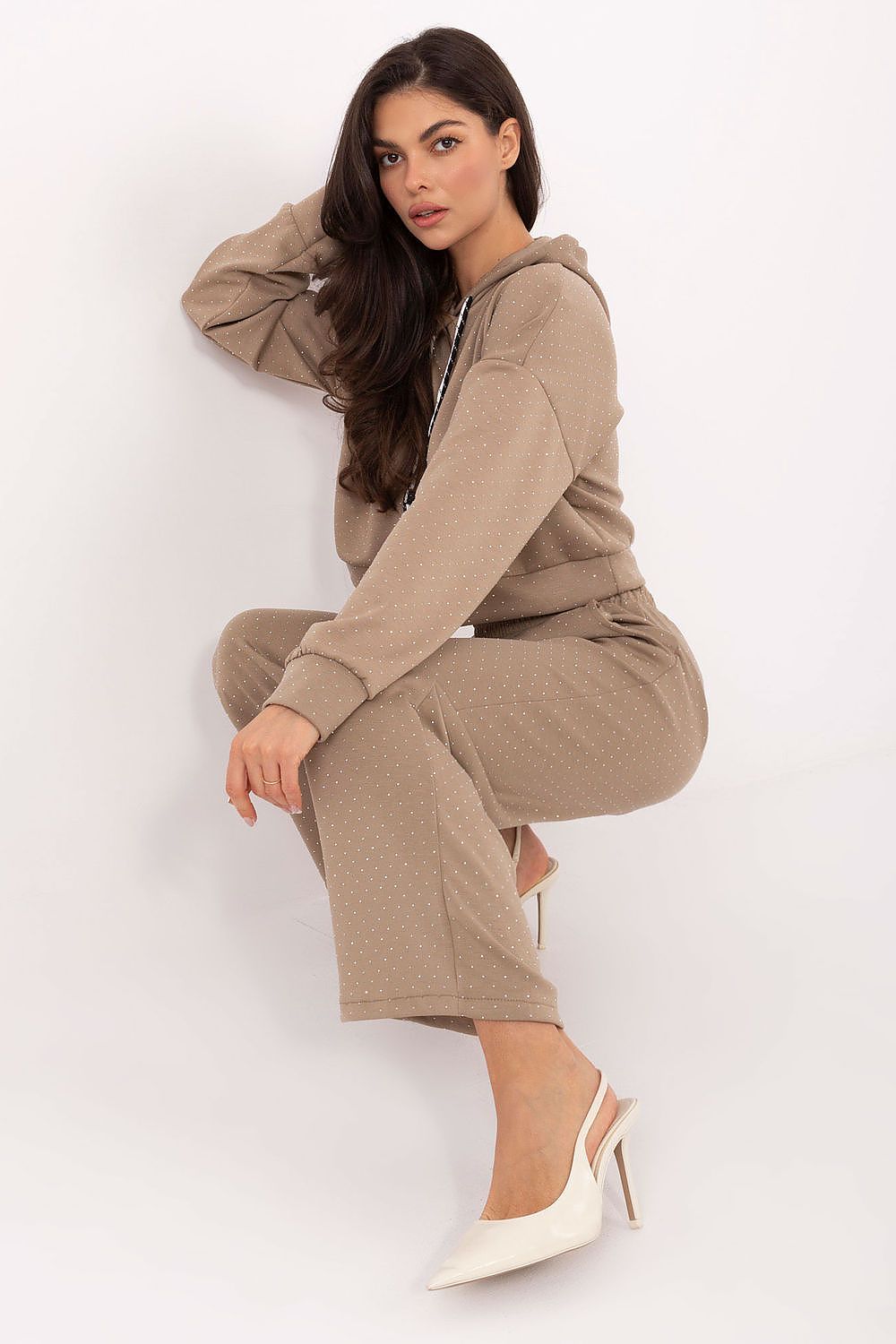 Elegant women's tracksuit set by Rue Paris featuring a stylish hoodie and high-waisted pants, crafted from a soft viscose blend.