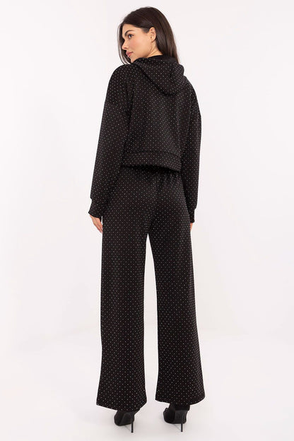 Luxury tracksuit set for women, including an elegant black hoodie and wide-legged high-waisted pants by Rue Paris, perfect for casual chic styling.