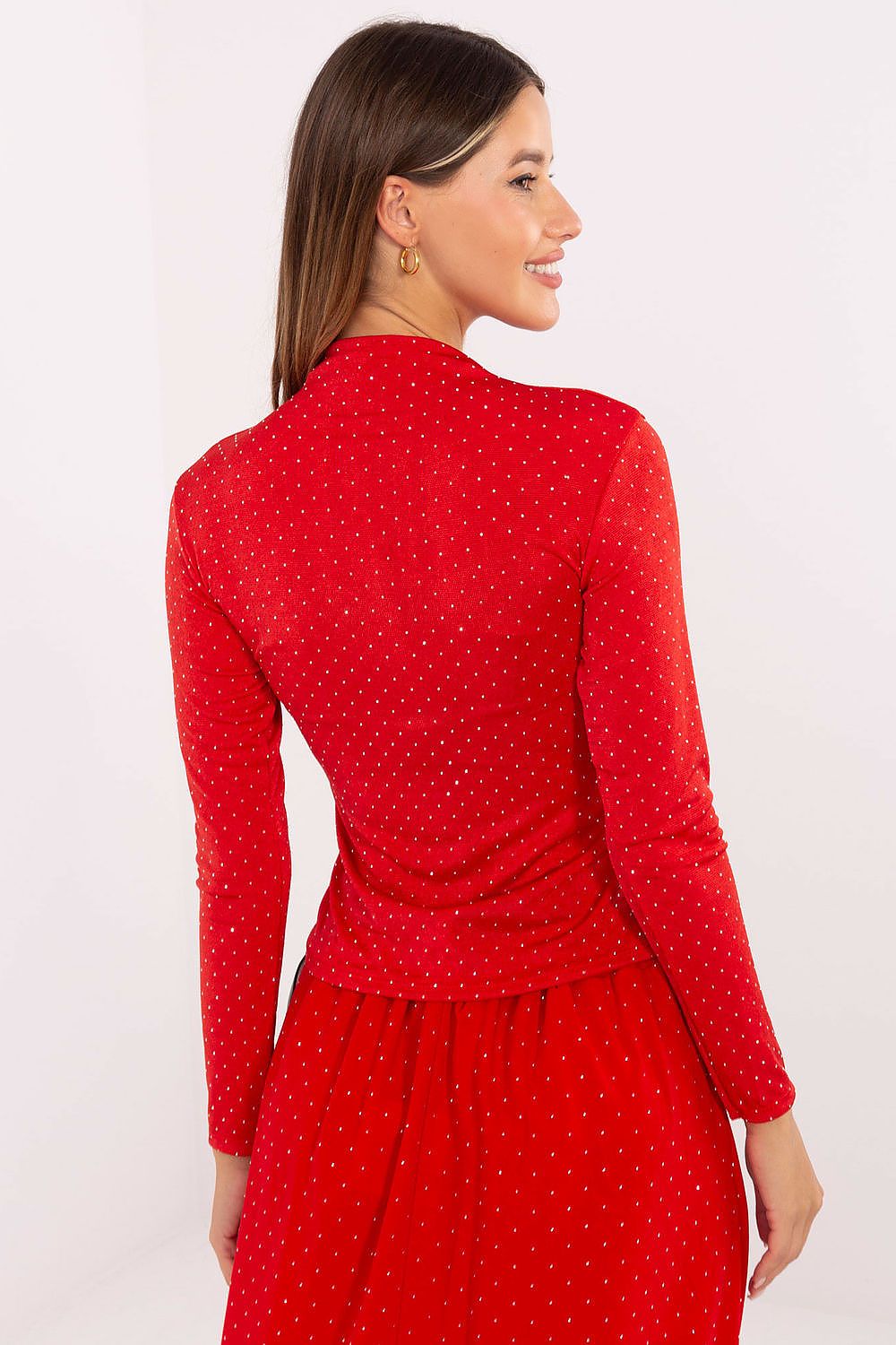 Elegant long sleeve turtleneck blouse by Rue Paris, showcasing decorative sequins for a subtle shine, perfect for formal occasions or parties.
