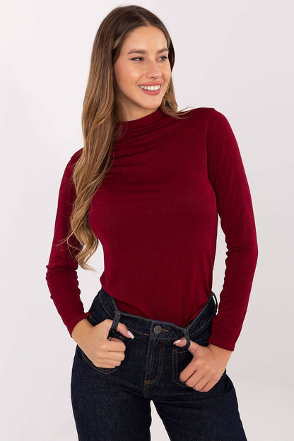Elegant long sleeve turtleneck blouse for women by Rue Paris, featuring a fitted design in soft viscose-polyester blend, perfect for versatile styling.