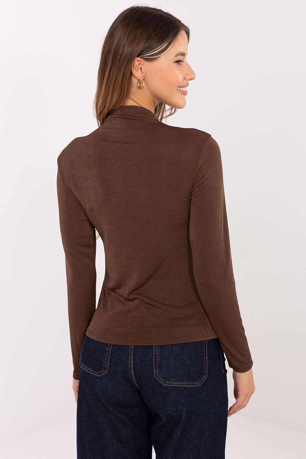 Elegant women's fitted long sleeve turtleneck blouse, made from a high-quality viscose-polyester blend, designed by Rue Paris for a sophisticated silhouette.