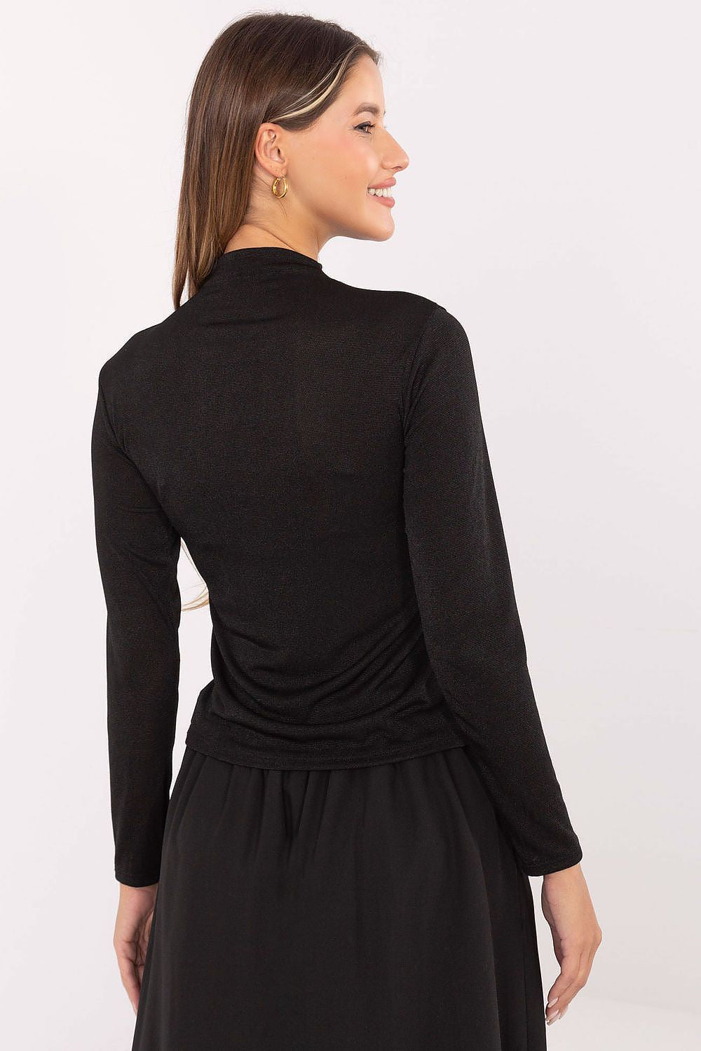 Model wearing Rue Paris elegant long sleeve turtleneck blouse, styled for a sophisticated, chic look.