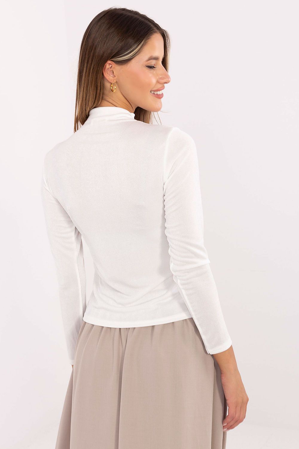 Elegant long sleeve turtleneck blouse for women by Rue Paris, fitted design in soft viscose-polyester blend, perfect for showcasing a sophisticated style for any occasion.