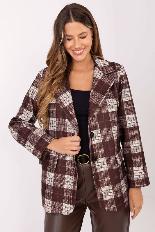 Stylish Rue Paris women's checkered blazer featuring lapels and classic button fastening, perfect for any occasion.