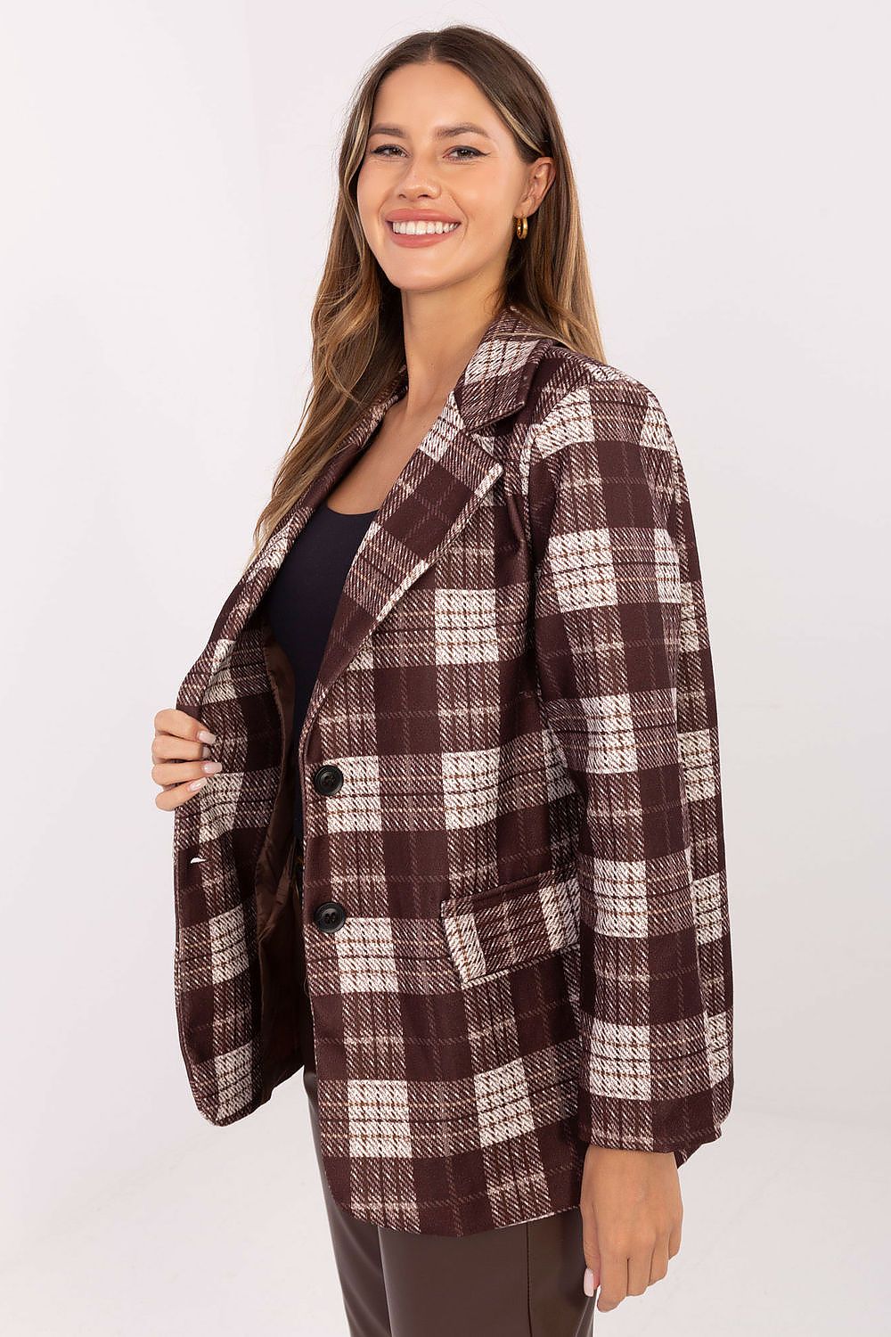 Chic Rue Paris checkered blazer with shoulder pads, designed for elegance and versatile wear in both casual and formal settings.