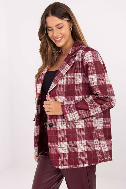 Luxurious women's checkered blazer by Rue Paris, showcasing classic button fastening and subtle shoulder pads.