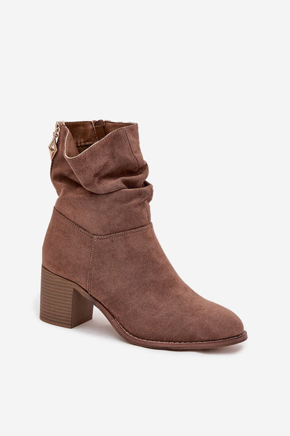 Elegant gathered upper design on women's eco suede ankle boots from Step in Style, showcasing a chic silhouette and comfortable fit for versatile styling.