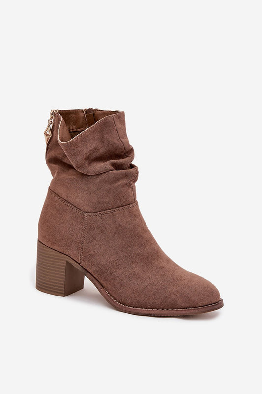 Elegant gathered upper design on women's eco suede ankle boots from Step in Style, showcasing a chic silhouette and comfortable fit for versatile styling.