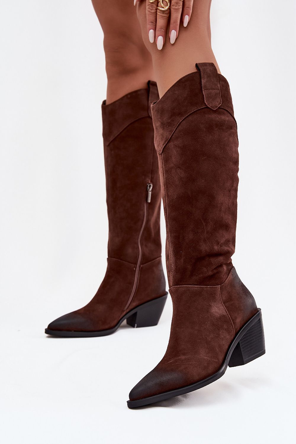 Artiker luxury women's cowboy-style suede heel boots featuring a sleek design and zipper, offered by Step in Style.