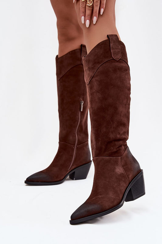 Artiker luxury women's cowboy-style suede heel boots featuring a sleek design and zipper, offered by Step in Style.