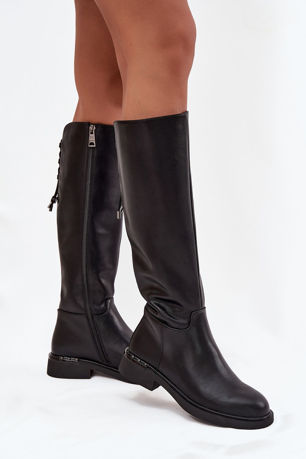 Vinceza Women's knee-high leather boots in elegant black, showcasing natural leather design and flat heel, perfect for everyday luxury wear by Step in Style.