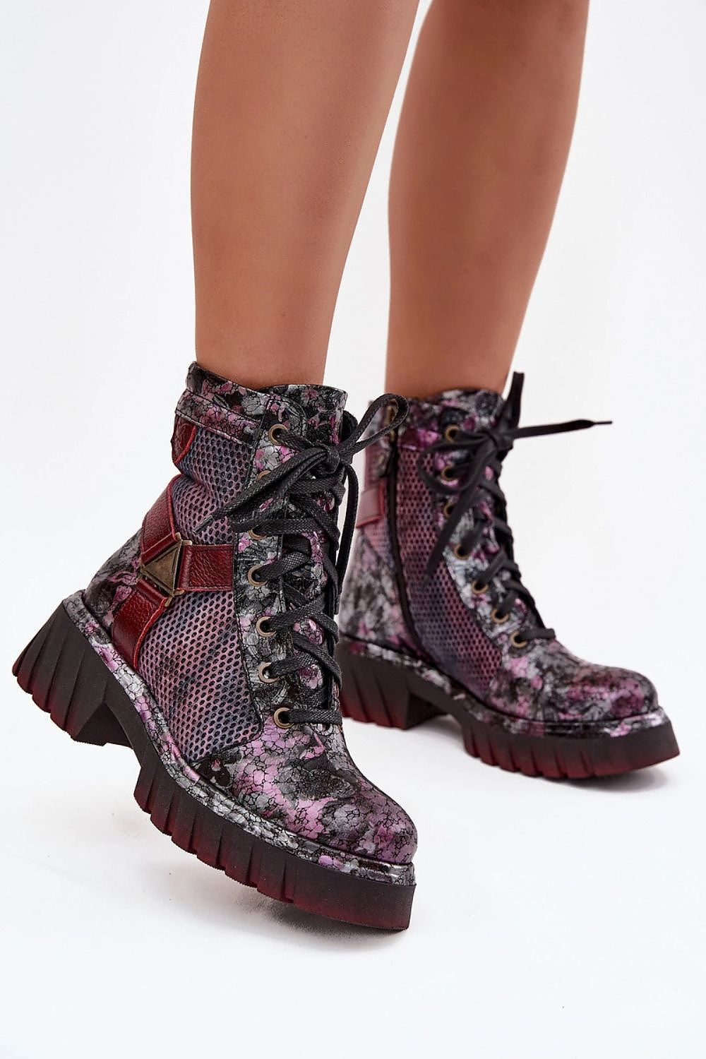 Chic Maciejka women's leather work boots on a modern platform, crafted for comfort and aesthetics with decorative straps, ideal for sophisticated wardrobes from Step in Style.