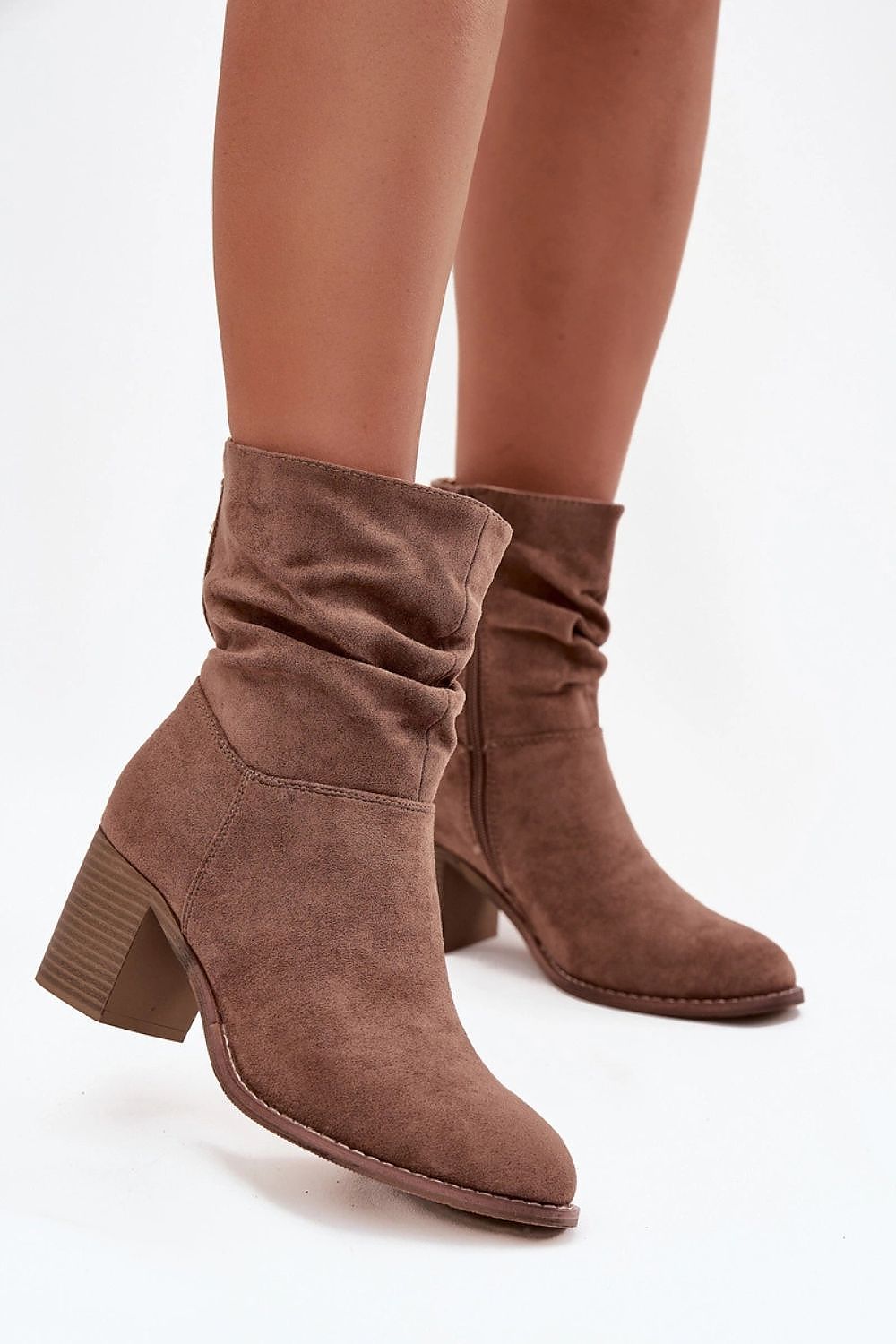 Elegant women's eco suede ankle boots with a column heel designed by Step in Style, featuring a stylish gathered upper and convenient zip closure, perfect for autumn-winter fashion.