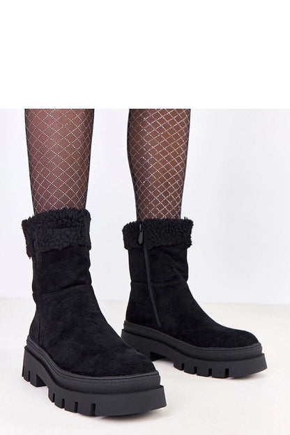 Luxury black suede-like eco leather chunky sole ankle boots by Solea, featuring a stylish design with fur lining for comfort, perfect for autumn-winter.