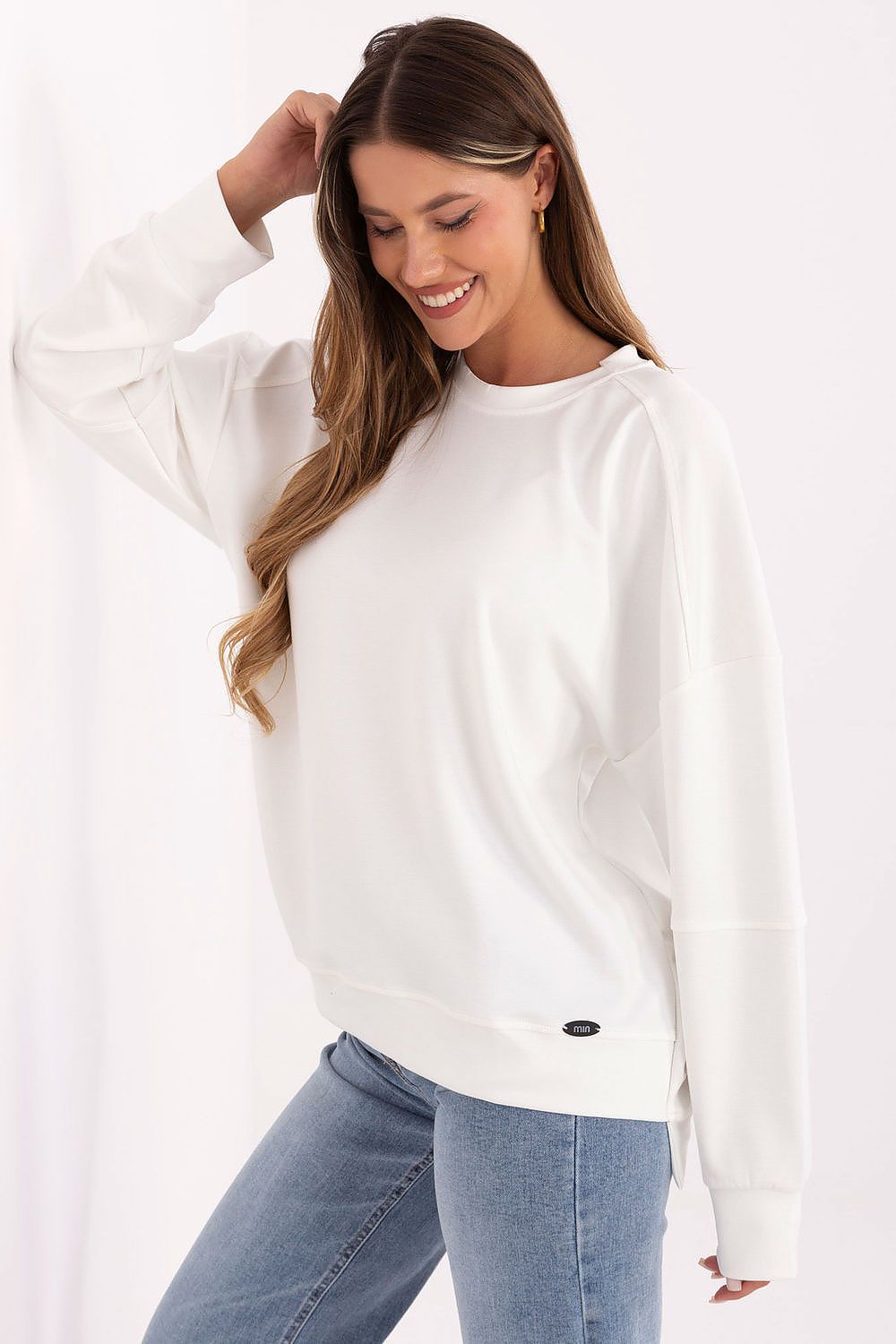 Close-up of the Luxury Women's Soft Buttery Sweatshirt by Relevance, highlighting the exquisite buttery texture and elegant casual design.