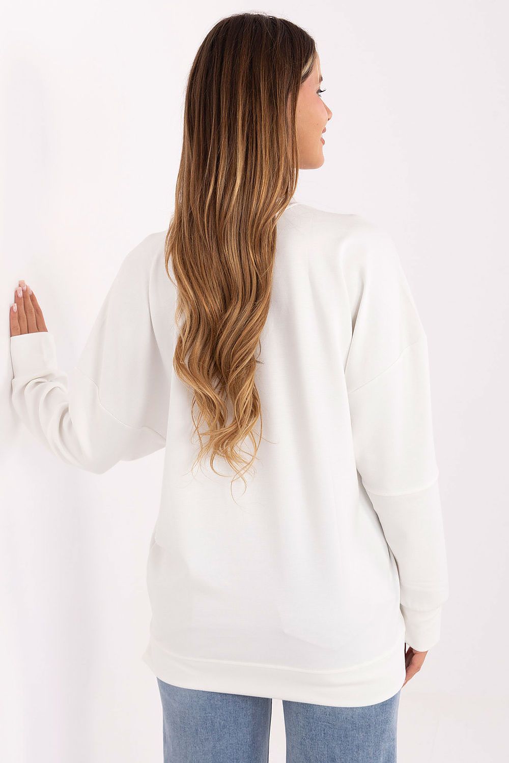 Model wearing Luxury Women's Soft Buttery Sweatshirt by Relevance, featuring a stylish and versatile silhouette, perfect for everyday casual wear.