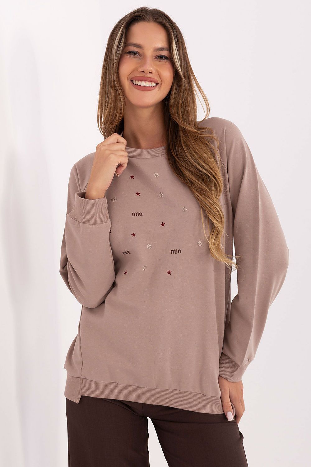 Elegant women's casual sweatshirt by Relevance featuring long sleeves, round neckline, and intricate embroidery, perfect for stylish everyday wear.