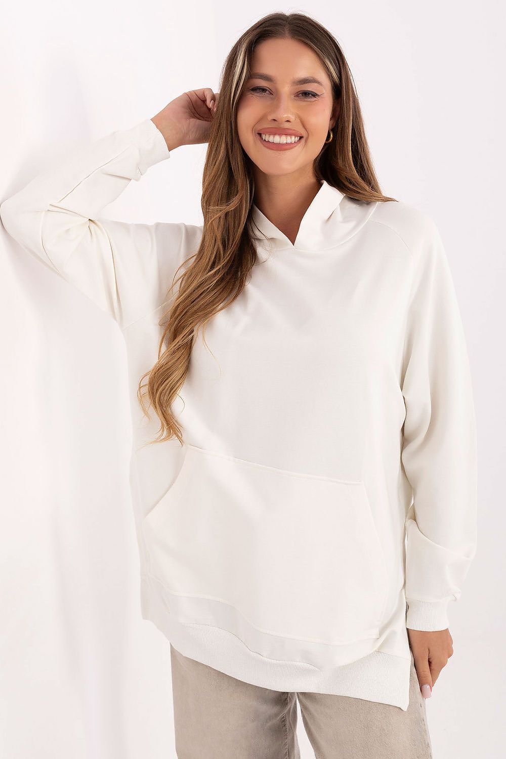 Luxurious oversized cotton-blend sweatshirt with hood and kangaroo pocket by Relevance, showcasing casual elegance and comfort.