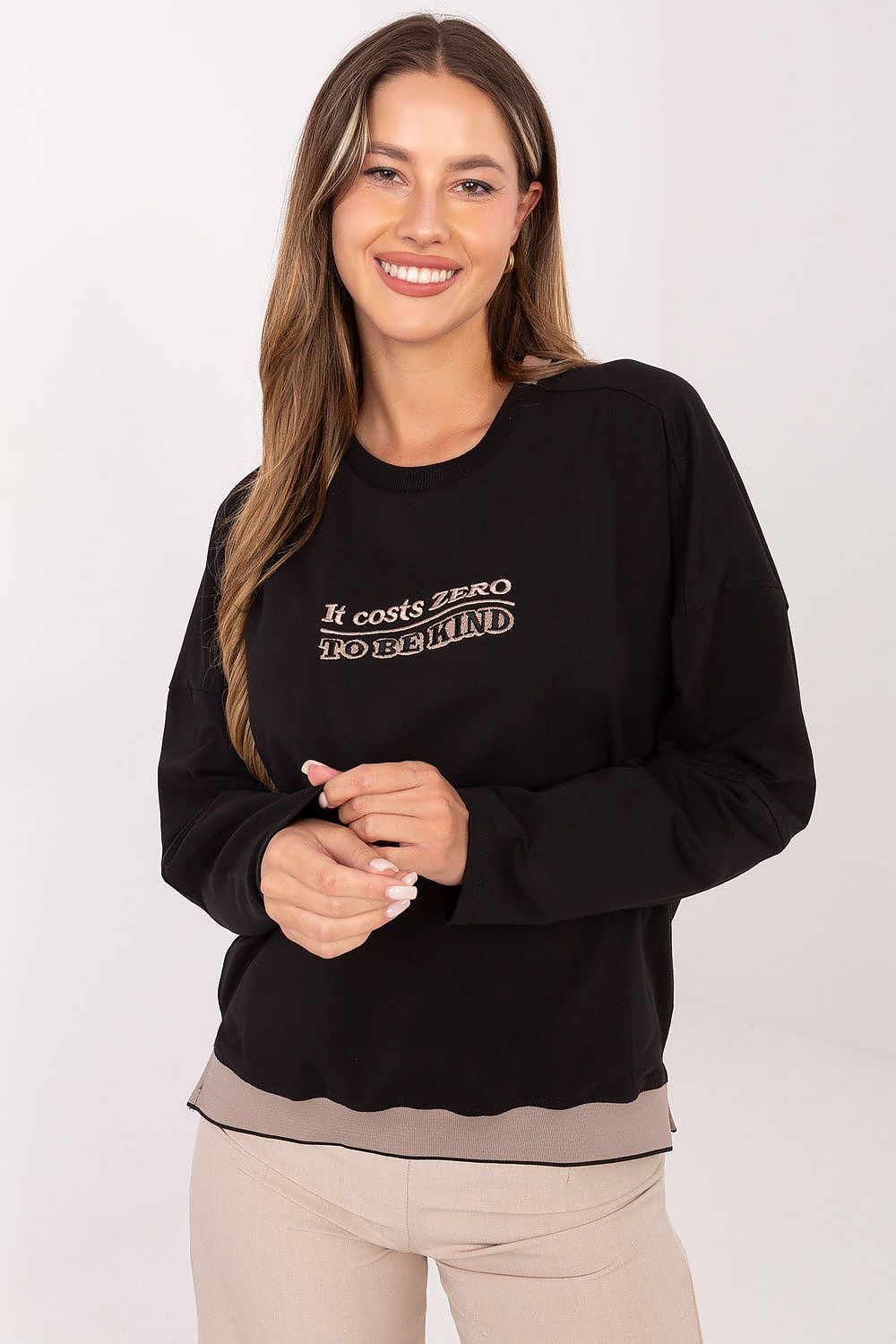 Luxurious modern women's casual sweatshirt by Relevance, featuring a soft cotton-elastane blend, round neckline, and elegant embroidered design.