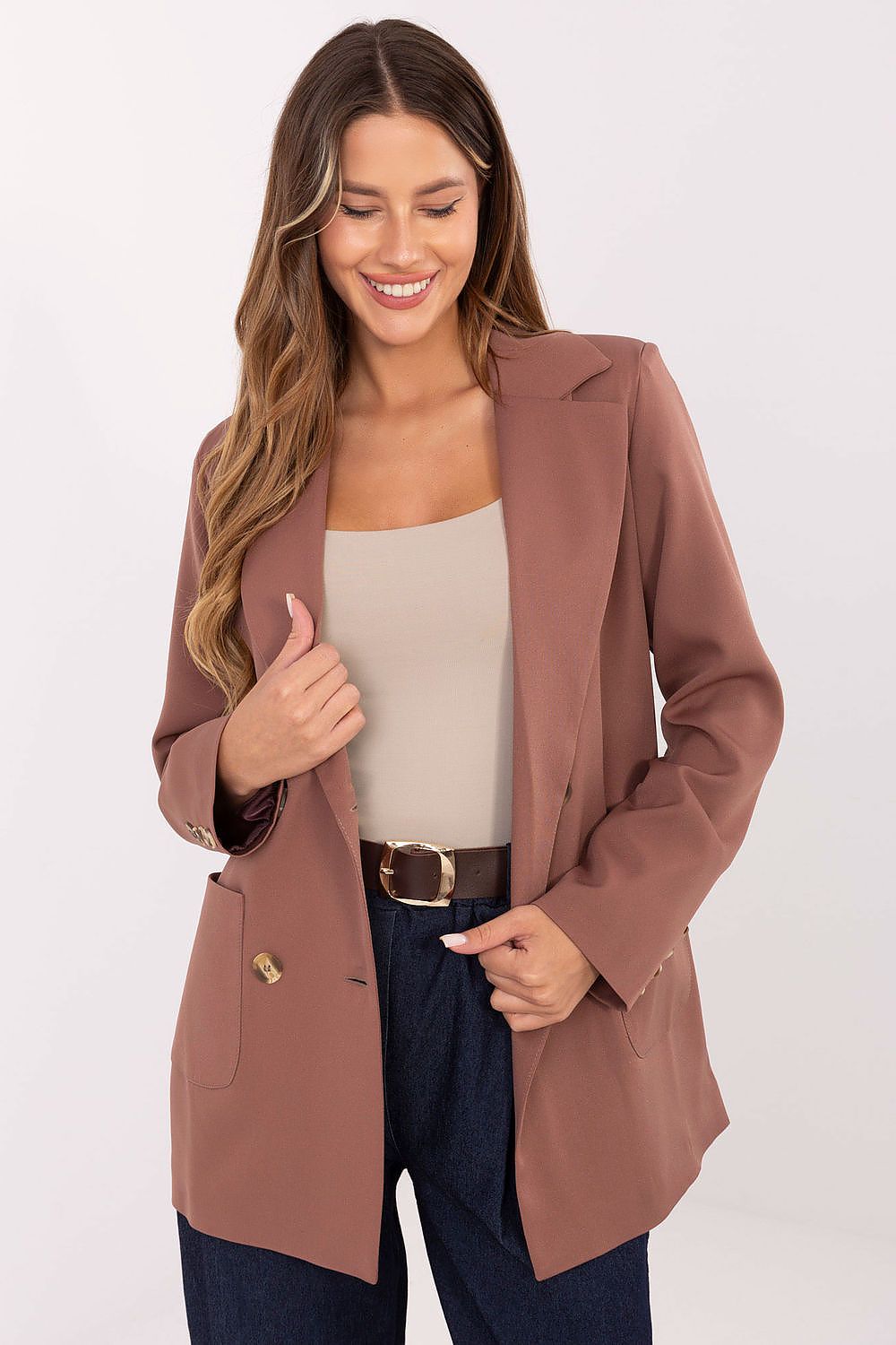 Elegant women's blazer jacket by Lakerta in a luxurious cotton blend featuring a timeless double-breasted design.