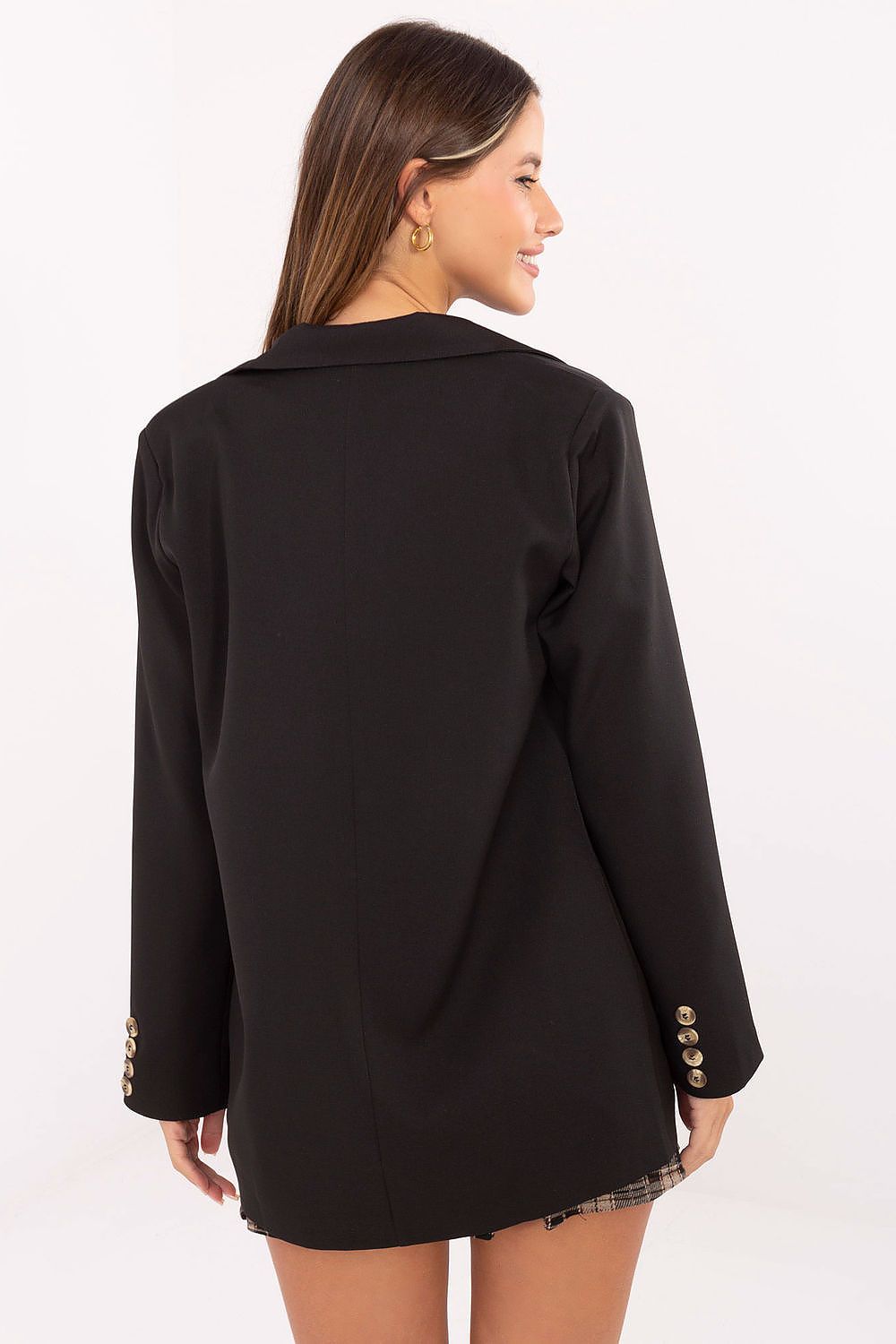 Luxurious elegant double-breasted women's blazer by Lakerta featuring shoulder pads, crafted from a premium blend of cotton, elastane, and polyester. Ideal for sophisticated occasions, blending style and comfort.