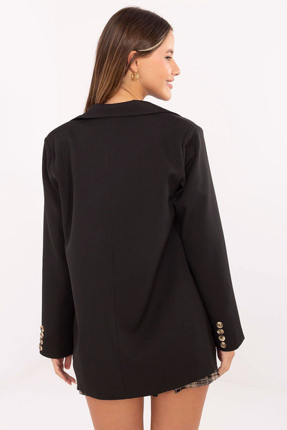 Luxurious elegant double-breasted women's blazer by Lakerta featuring shoulder pads, crafted from a premium blend of cotton, elastane, and polyester. Ideal for sophisticated occasions, blending style and comfort.