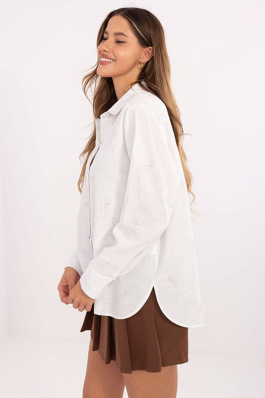 Elegant long sleeve shirt by Lakerta embellished with sparkling jet stones, perfect for sophisticated occasions and everyday wear, showcasing a classic cut and luxurious quality.