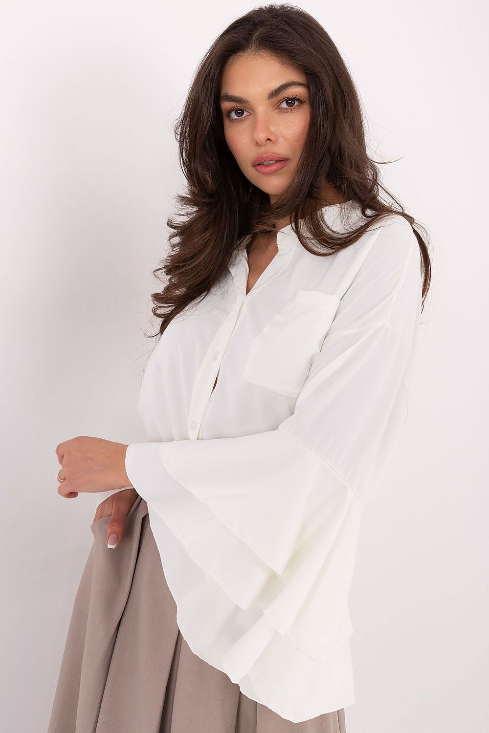 Elegant Long Sleeve Women's Shirt by Rue Paris featuring a stand-up collar and delicate ruffle sleeves, perfect for formal occasions and everyday elegance.