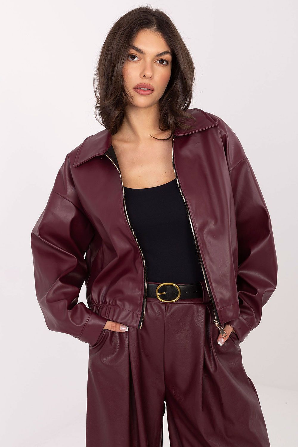 Luxurious Rue Paris eco leather women's jacket in EU size 0, featuring a stylish wide collar and designed for casual transitional wear for fall and winter.