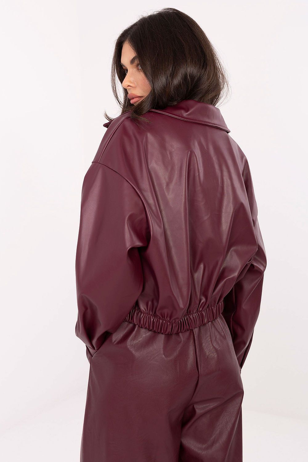 Chic Rue Paris women's jacket made from durable eco leather, perfect for layering on colder days with a contemporary wide collar and sleek finish.