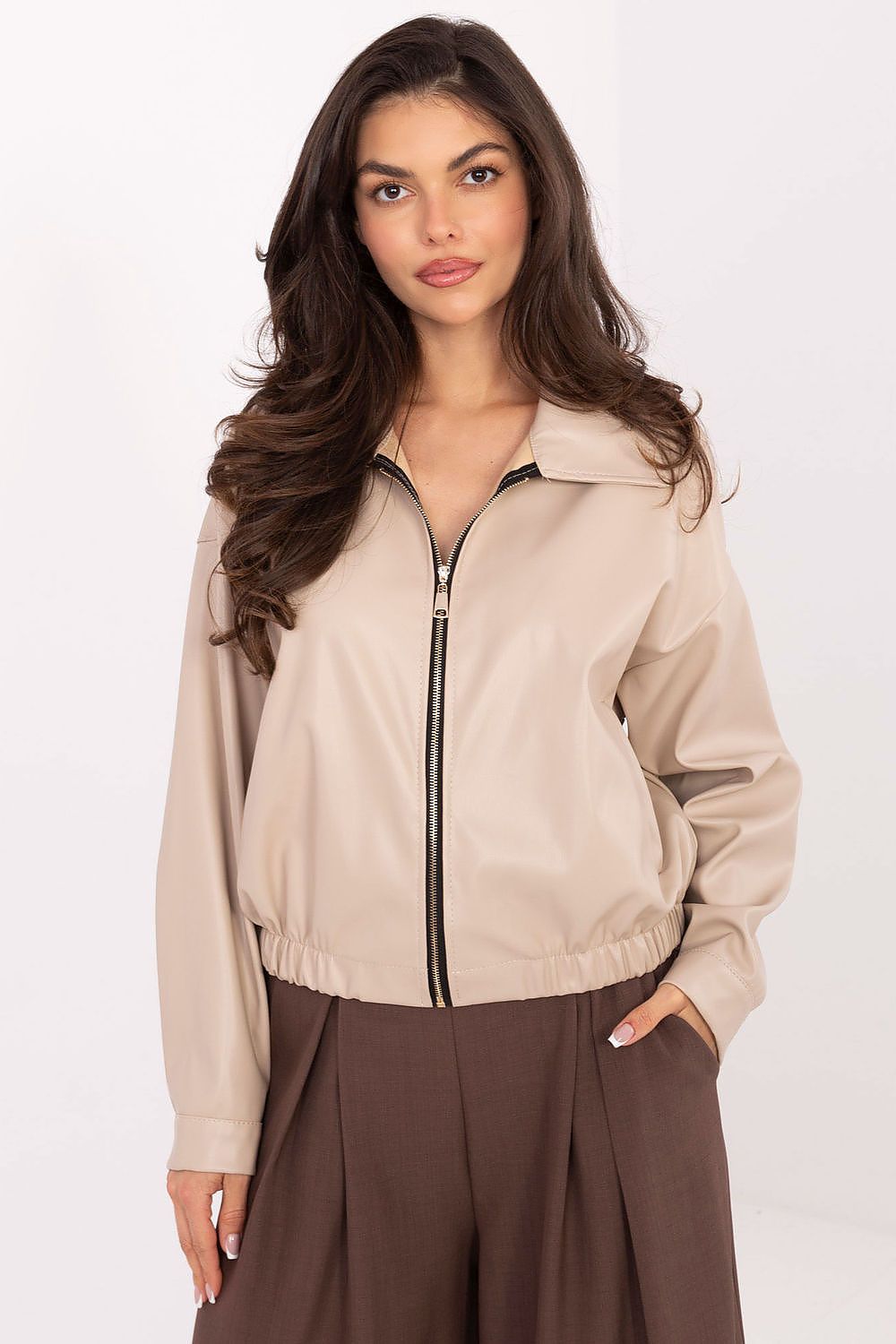 Eco-Leather Women's Casual Jacket by Rue Paris featuring stylish wide collar and zip closure, perfect for a chic autumn/winter/spring look.