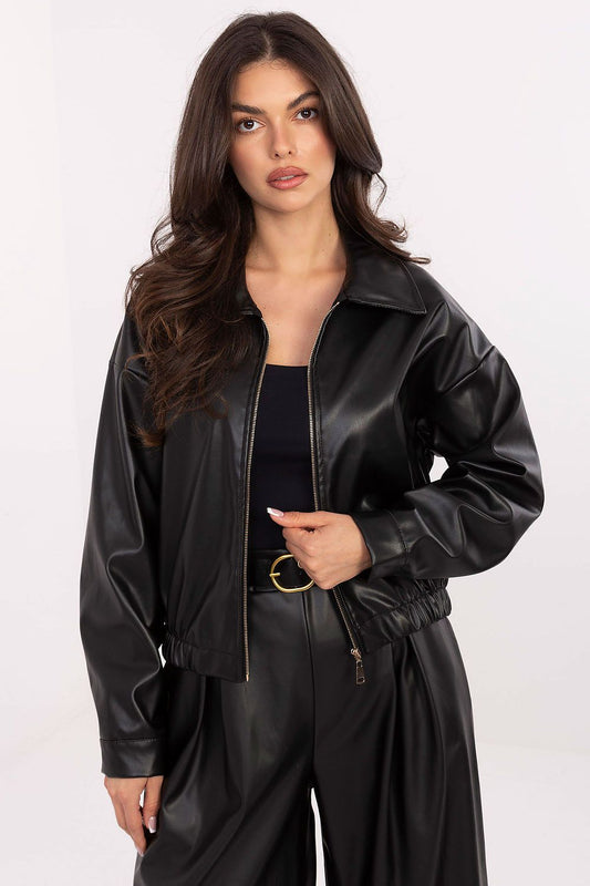 Elegantly designed Rue Paris eco leather jacket for women, showcasing a casual style with a wide collar and practical pockets in a luxurious modern design.