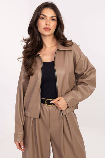 Rue Paris Eco-Leather Casual Jacket for Women in elegant EU 0 size showcasing a stylish wide collar and zip closure, perfect for transitional seasons.