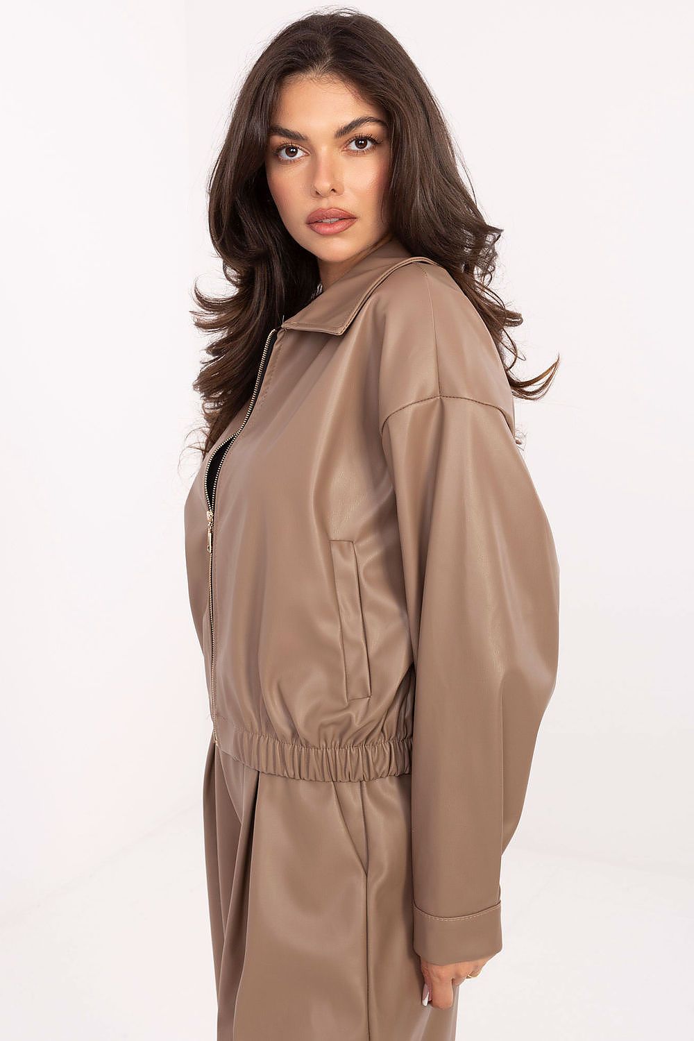 Detail of Rue Paris women's eco-leather jacket, highlighting luxurious material blend of polyester and polyurethane with minimalist design for fashionable casual wear.