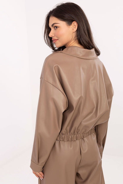 Model wearing Rue Paris Eco-Leather Casual Jacket with practical slip pockets, illustrating versatility and modern elegance suitable for everyday outings.