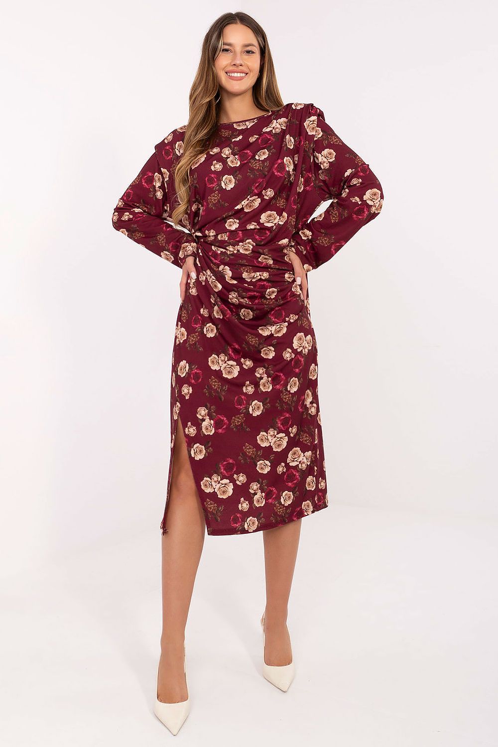 Elegant midi dress by Rue Paris featuring a floral pattern, padded shoulders, and long sleeves, perfect for sophisticated occasions.