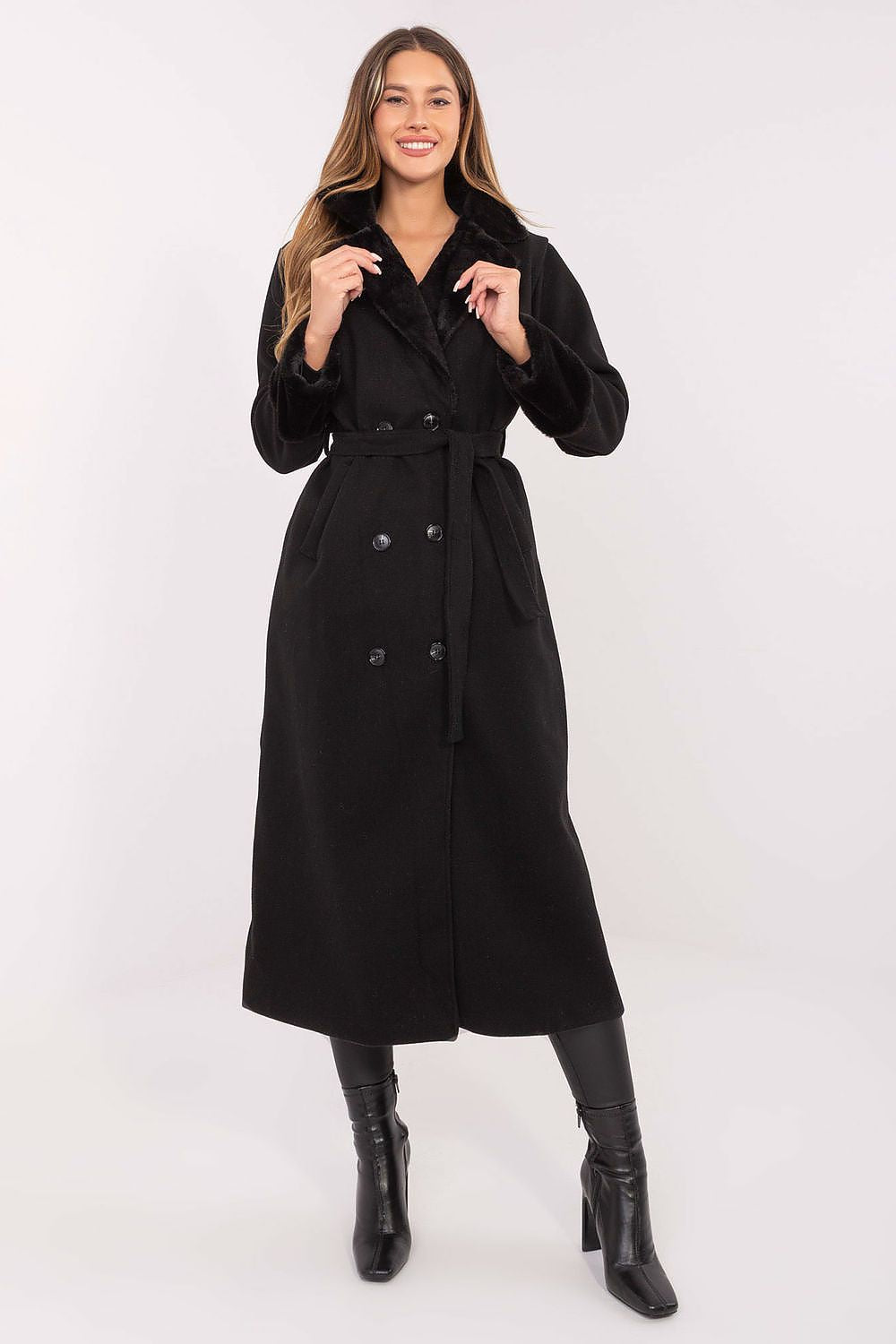Elegant women's long winter coat by Rue Paris in EU size 0, featuring stylish double-breasted design and a belt, perfect for sophisticated winter fashion.