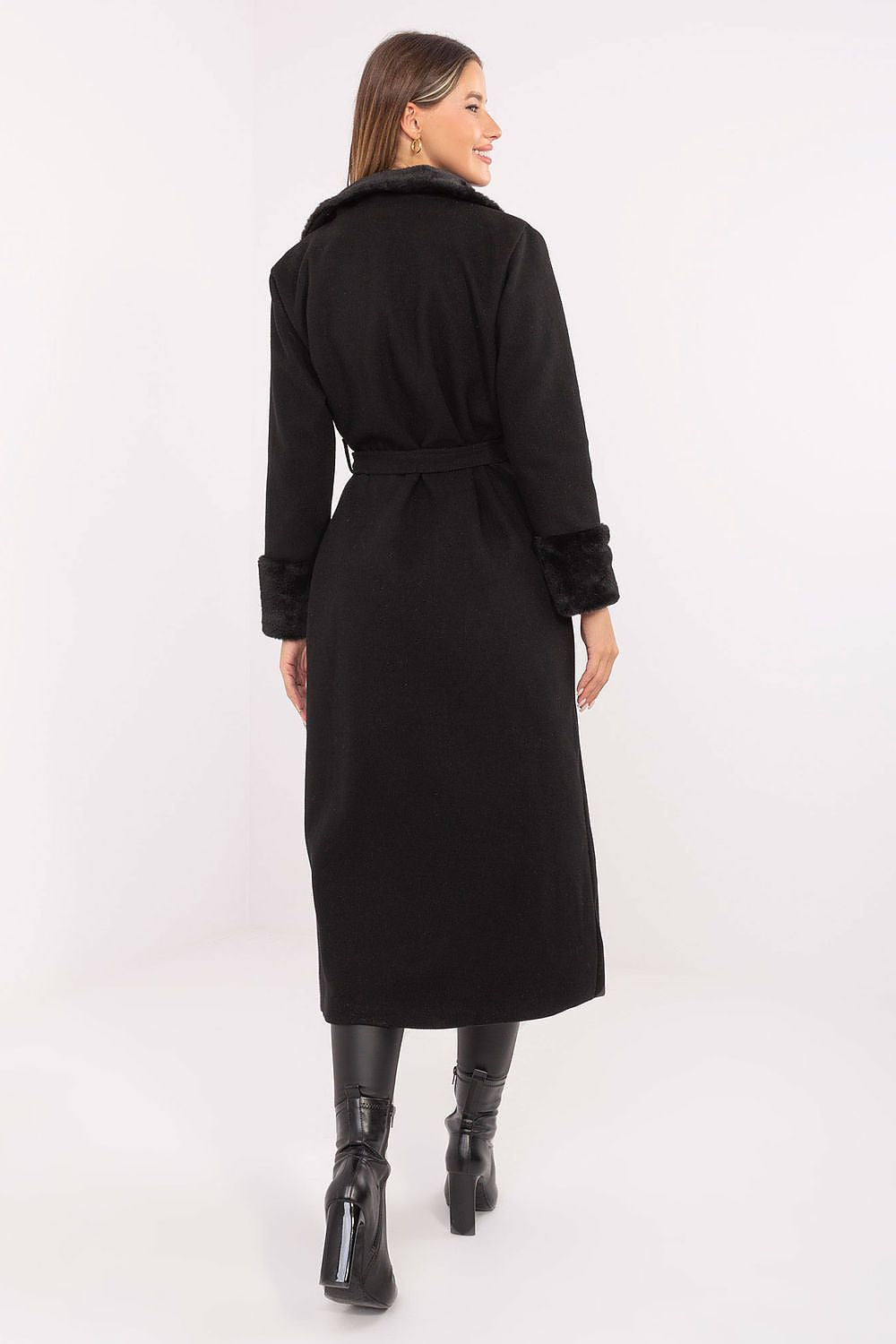 Rue Paris long winter coat with practical slip pockets, demonstrating versatility and elegance for both casual and formal occasions during the colder months.