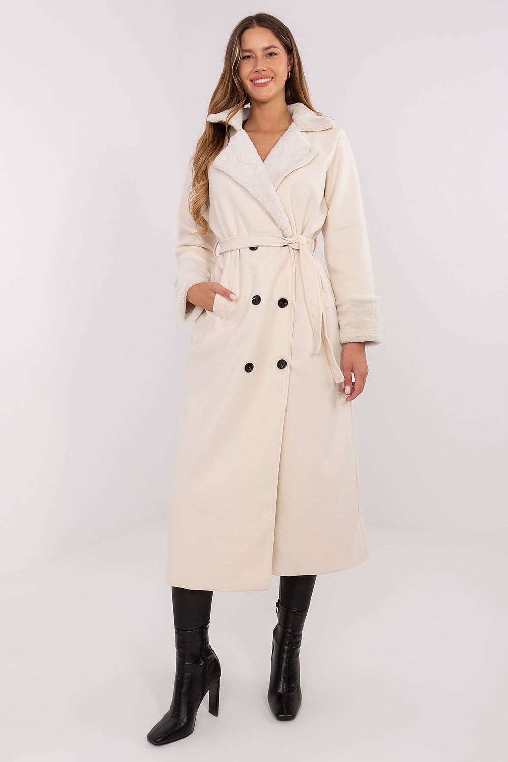 Elegant long winter coat for women by Rue Paris, featuring a double-breasted design and tie belt, perfect for stylish winter looks.