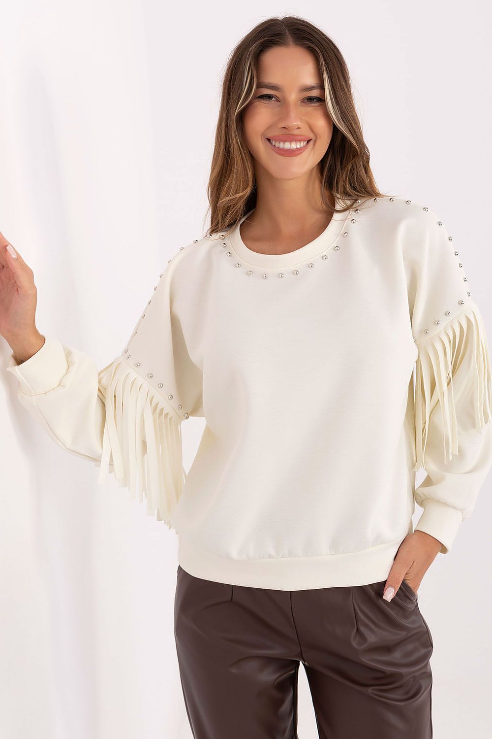 Luxury women's casual blouse by Rue Paris featuring trendy fringes and studs, crafted from a soft viscose-polyester blend, in EU size 0 - perfect for elegant everyday wear.
