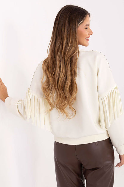 Elegant Luxury Women's Casual Blouse by Rue Paris featuring fringes and studs, crafted in a soft viscose-polyester blend, EU Size 0.