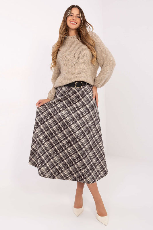 Elegant Rue Paris casual midi skirt featuring a timeless check pattern, flared cut, and elastic waistband, designed for comfort and style in EU size 0.