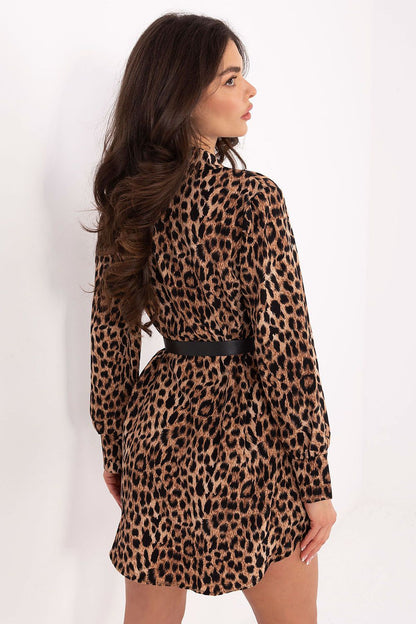 Close-up detail of the animal print fabric on the Italy Moda mini length shirt dress, showcasing its luxurious texture and feminine design.