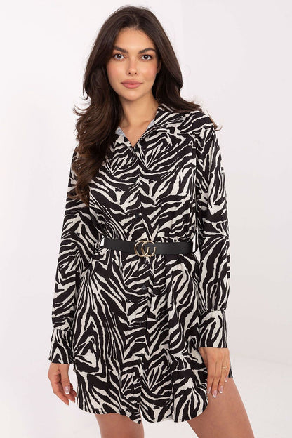 Elegant animal motif shirt dress by Italy Moda featuring long sleeves, mini length, and a stylish belt, perfect for a chic and modern look.