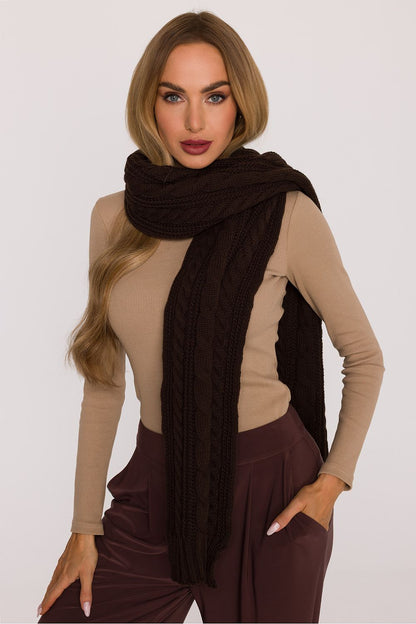 Luxury long braided pattern shawl scarf by Moe, showcasing a soft yarn texture in a beautiful knit design, perfect for adding elegance to winter outfits.