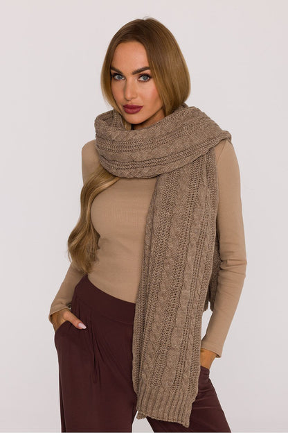 Close-up of Moe's luxury long braided pattern shawl scarf, focusing on the rich texture and warmth of the soft yarn, ideal for fashionable winter wear.