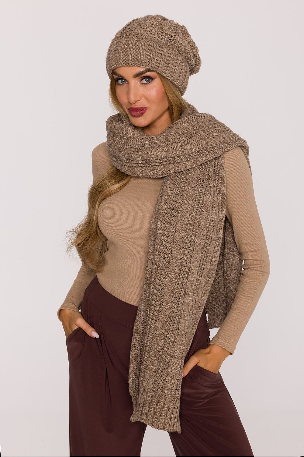 Luxury long braided pattern shawl scarf by Moe, crafted from soft yarn, measuring 40cm x 190cm, providing warmth and elegance for chilly days.