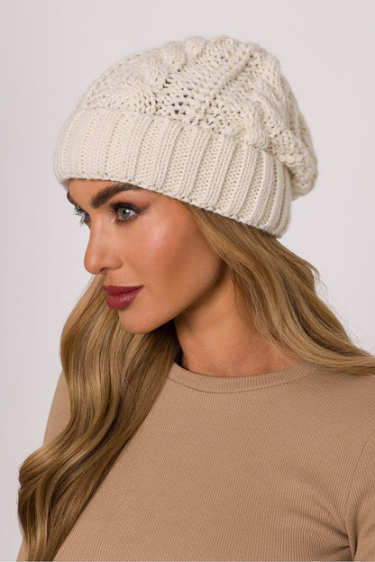 Close-up of the braided knit detailing on the Luxury Braided Knit Cap by Moe, illustrating the premium craftsmanship of this winter accessory.