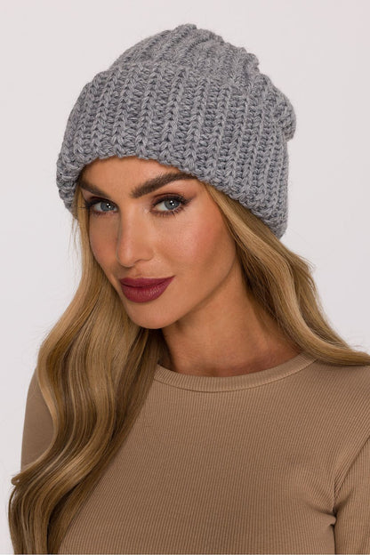 Luxurious soft acrylic and nylon blend ribbed knit cap by Moe, showcasing a modern relaxed fit and folded edge for added warmth and style.